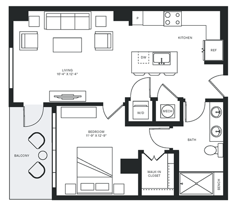 Floor plan for 1 bed, 1 bath, 755 sqft